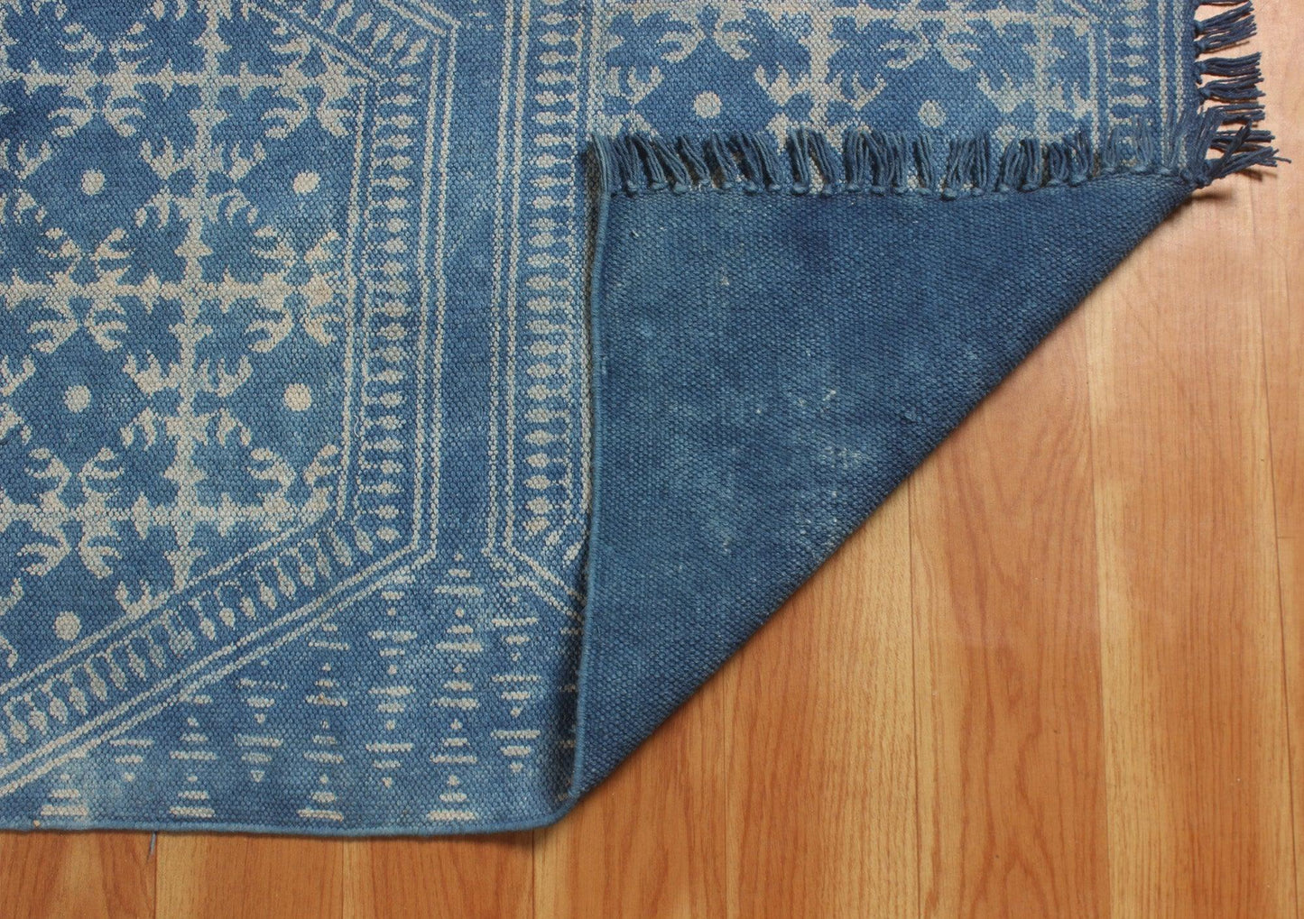 Geometric Hand Block Print Blue Beige Attractive Entrance Decor Cotton Rug - Indian Rug Store