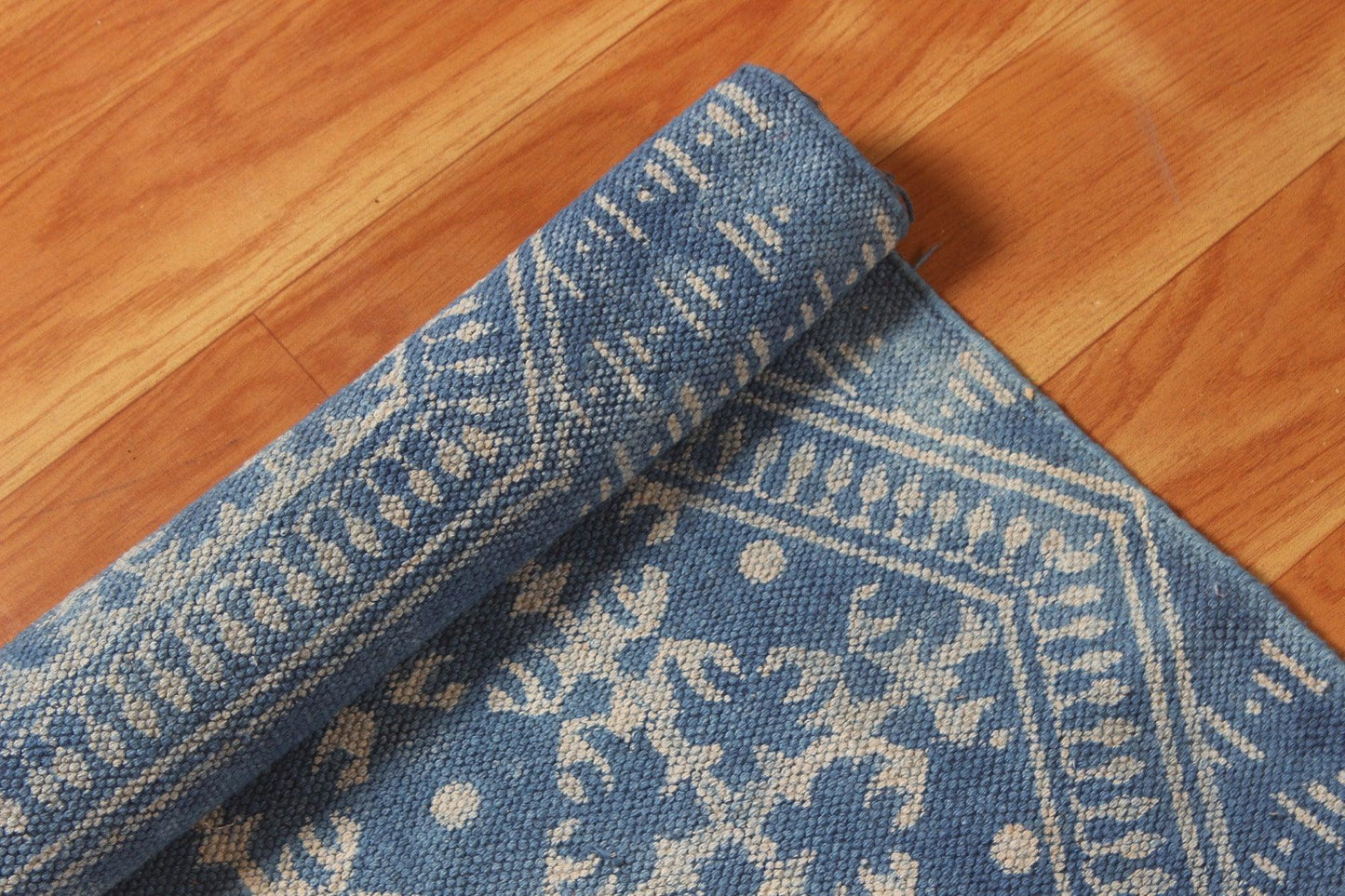 Geometric Hand Block Print Blue Beige Attractive Entrance Decor Cotton Rug - Indian Rug Store