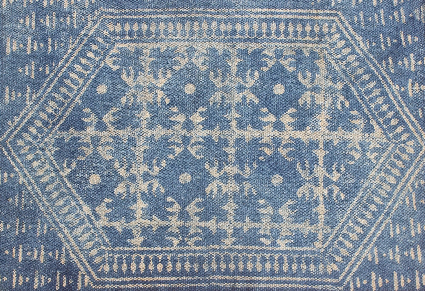 Geometric Hand Block Print Blue Beige Attractive Entrance Decor Cotton Rug - Indian Rug Store Geometric Hand Block Print Blue Beige Attractive Entrance Decor Cotton Rug - Indian Rug Store