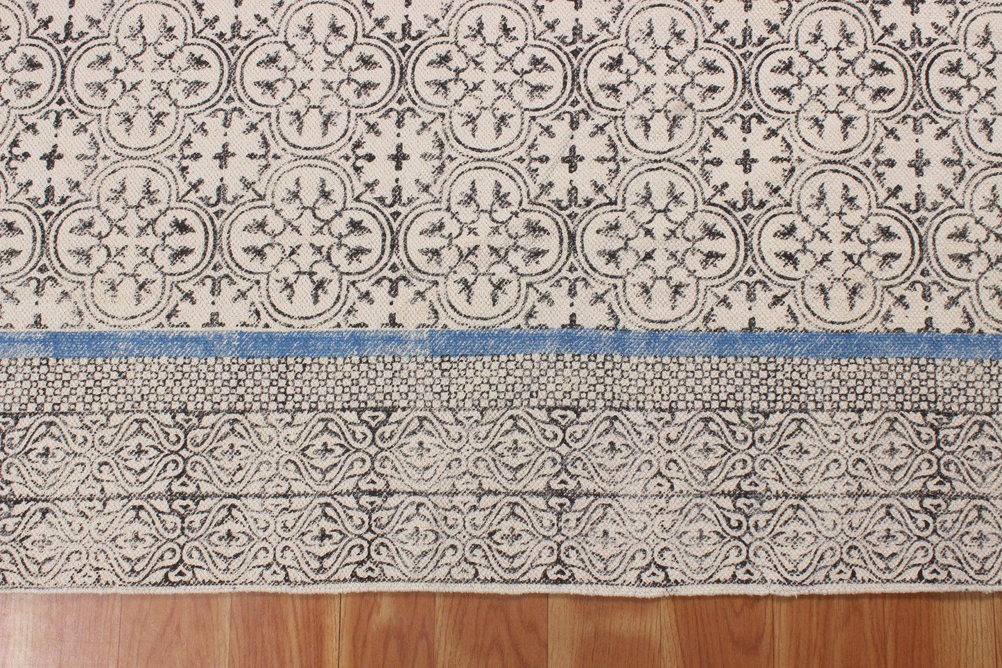 Bordered Hand Block Print Black Blue Classic Entrance Decor Cotton Rug - Indian Rug Store Bordered Hand Block Print Black Blue Classic Entrance Decor Cotton Rug - Indian Rug Store