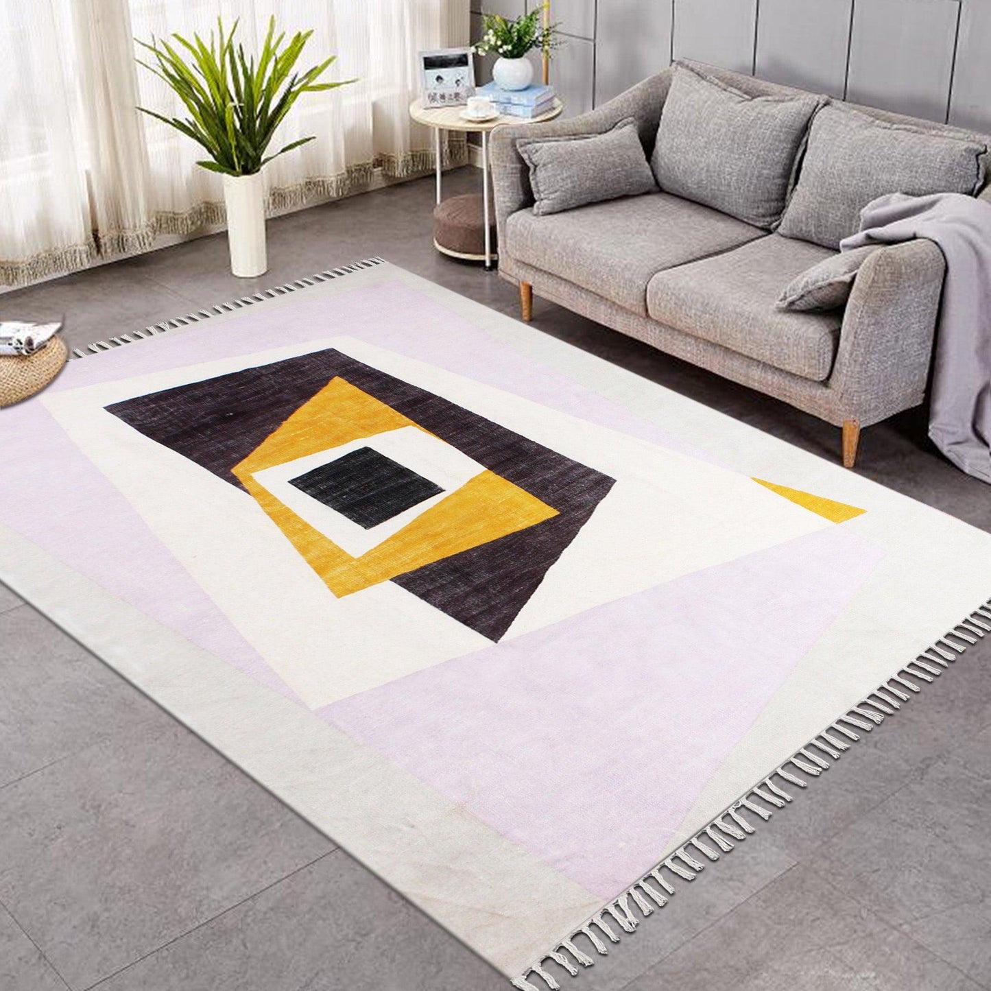 Bordered Hand Block Print Orange Black Stylish Entrance Decor Cotton Rug - Indian Rug Store
