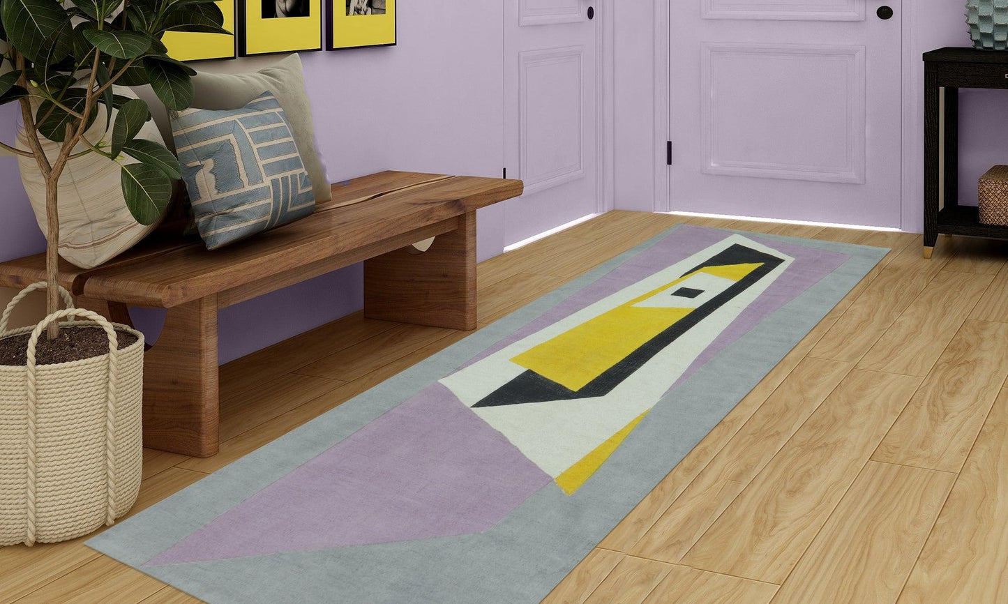 Alfombra de algodón con estampado de bloques hechos a mano en borde, color amarillo y negro, elegante decoración para entrada