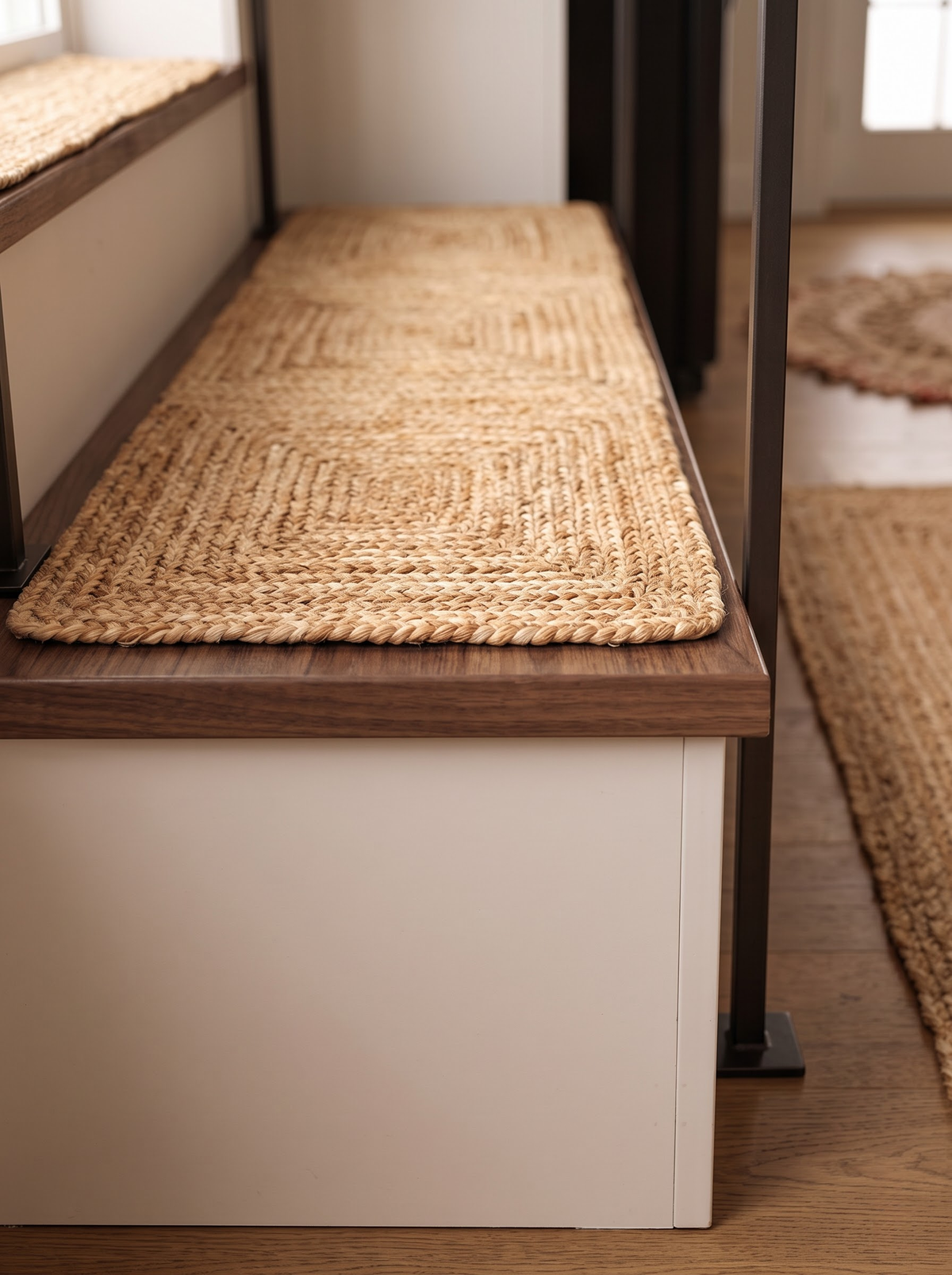 Natural Jute Stair Treads, Handwoven Geometric Square Tile Pattern, Farmhouse Boho Mats Natural Jute Stair Treads, Handwoven Geometric Square Tile Pattern, Farmhouse Boho Mats