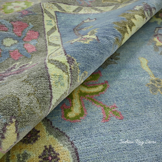 Tappeto fatto a mano in lana blu Oushak per la casa colonica Tappeto fatto a mano in lana blu Oushak per la casa colonica