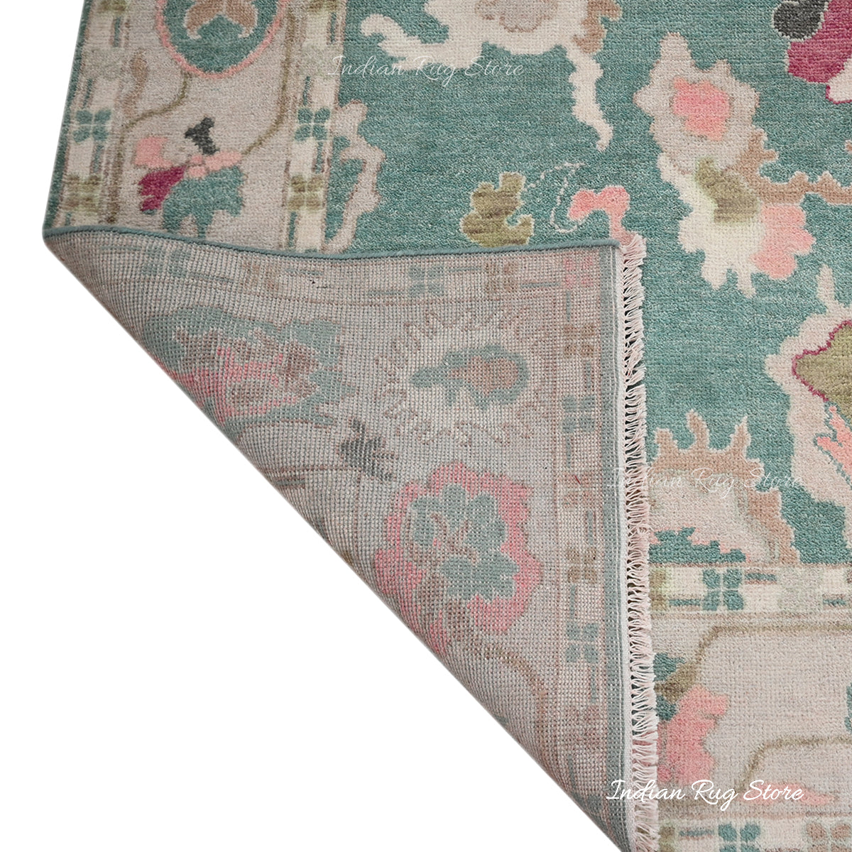 Green Hand Knotted Multicolor Oushak for Bedroom Area Rug - Indian Rug Store Green Hand Knotted Multicolor Oushak for Bedroom Area Rug - Indian Rug Store