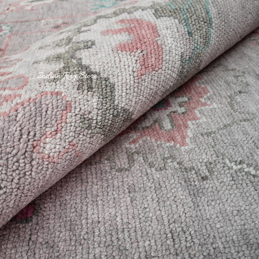 Tappeto da pranzo in lana Oushak moderno annodato a mano grigio IRSZ-105 Tappeto da pranzo in lana Oushak moderno annodato a mano grigio IRSZ-105