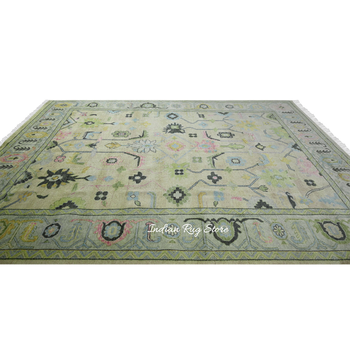 Indian Green Oushak Hand Knotted Large Area Wool Rug - Indian Rug Store Indian Green Oushak Hand Knotted Large Area Wool Rug - Indian Rug Store