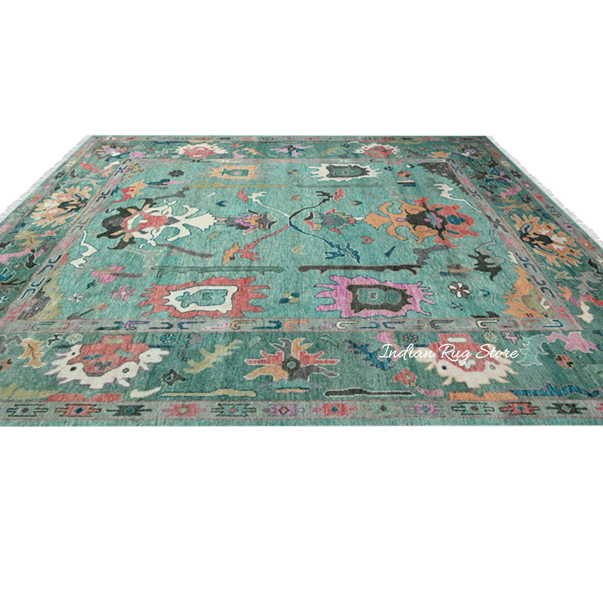 Hand Knotted Modern Green Oushak Wool Rug For Living Room - Indian Rug Store Hand Knotted Modern Green Oushak Wool Rug For Living Room - Indian Rug Store