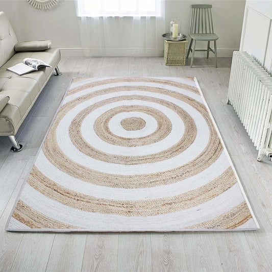 Tappeto da corridoio in juta beige bianco a righe intrecciato a mano Tappeto da corridoio in juta beige bianco a righe intrecciato a mano