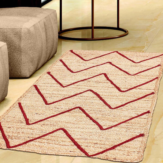 Tappeto da pranzo in juta beige e rosso con motivo geometrico intagliato a mano Tappeto da pranzo in juta beige e rosso con motivo geometrico intagliato a mano