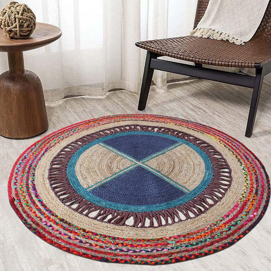 Tappeto geometrico in juta intrecciato a mano beige multicolore per la casa Tappeto geometrico in juta intrecciato a mano beige multicolore per la casa