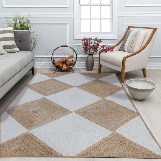 Tappeto in juta beige bianco geometrico intrecciato a mano per la camera da letto Tappeto in juta beige bianco geometrico intrecciato a mano per la camera da letto