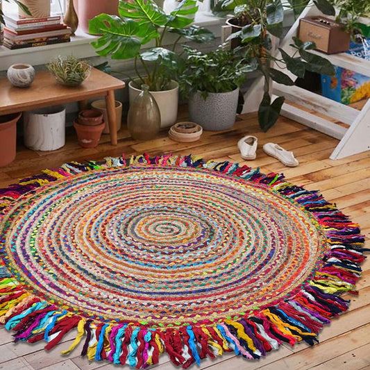 Tappeto in juta di cotone beige multicolore intrecciato a mano per soggiorno Tappeto in juta di cotone beige multicolore intrecciato a mano per soggiorno