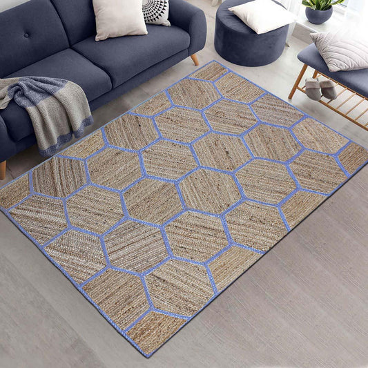 Tappeto in juta con stampa geometrica beige e blu intrecciato a mano per camera da letto Tappeto in juta con stampa geometrica beige e blu intrecciato a mano per camera da letto