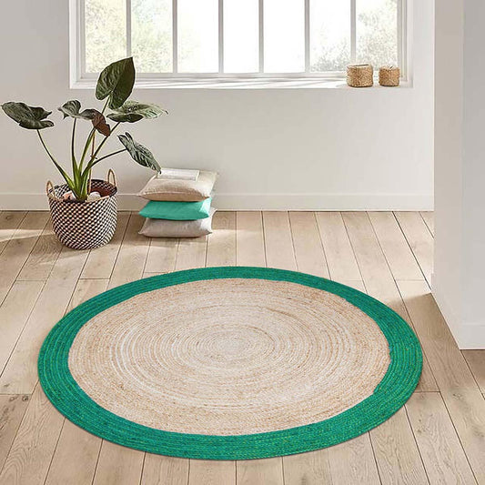 Hand Braded Beige Teal Green Farmhouse Round Jute Rug Hand Braded Beige Teal Green Farmhouse Round Jute Rug