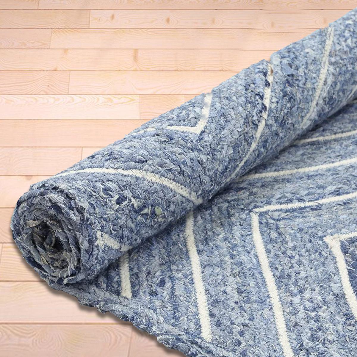 Hand Braided Blue Indian Indoor Cotton Dhurrie - Indian Rug Store Hand Braided Blue Indian Indoor Cotton Dhurrie - Indian Rug Store
