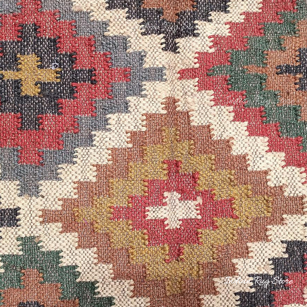 Multicolor Indian Hand Woven Geometric Farmhouse Wool Jute Rug - Indian Rug Store Multicolor Indian Hand Woven Geometric Farmhouse Wool Jute Rug - Indian Rug Store