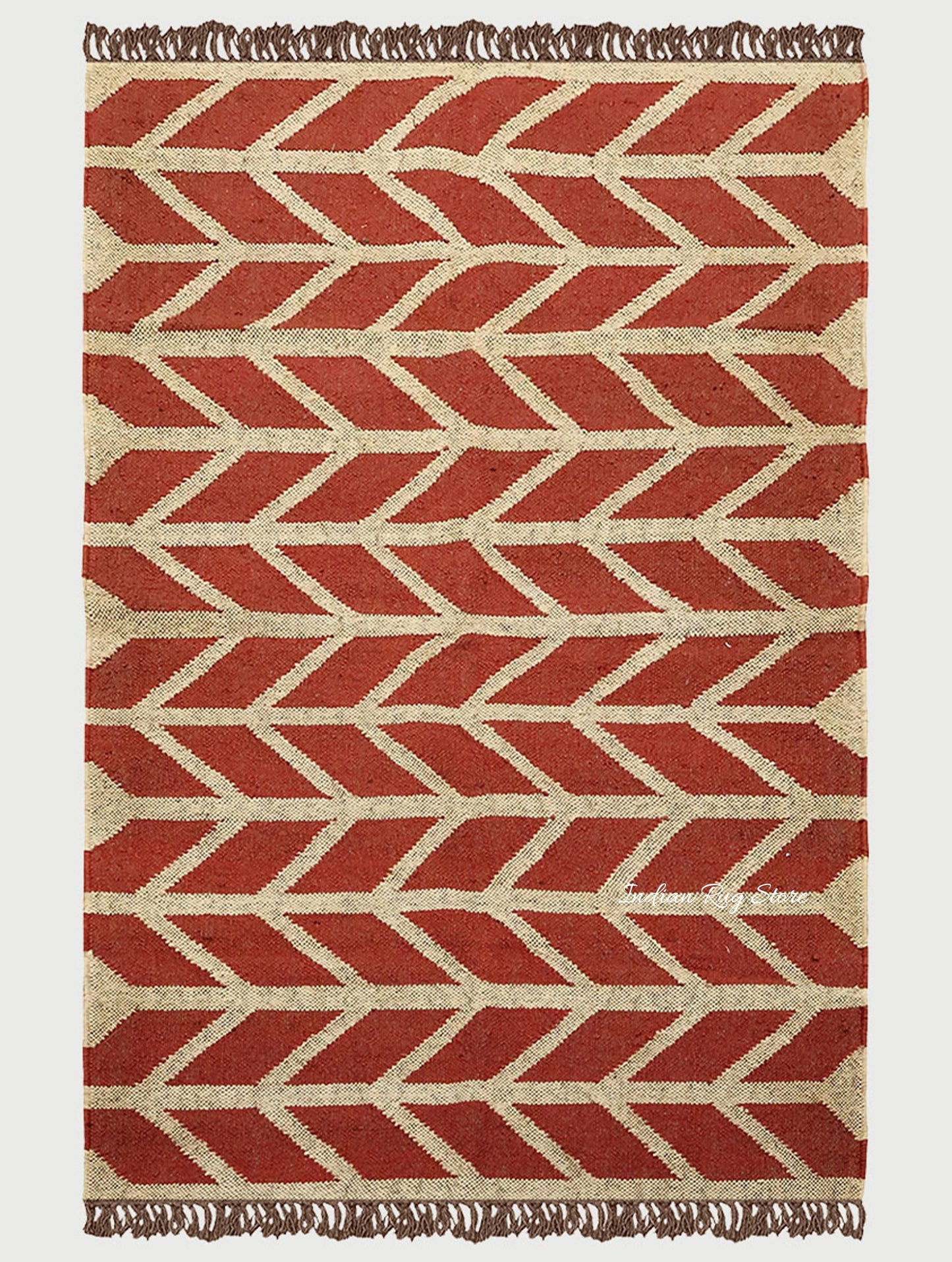 Hand Woven Geometric Red Bige Farm House Decor Wool Jute Rug - Indian Rug Store