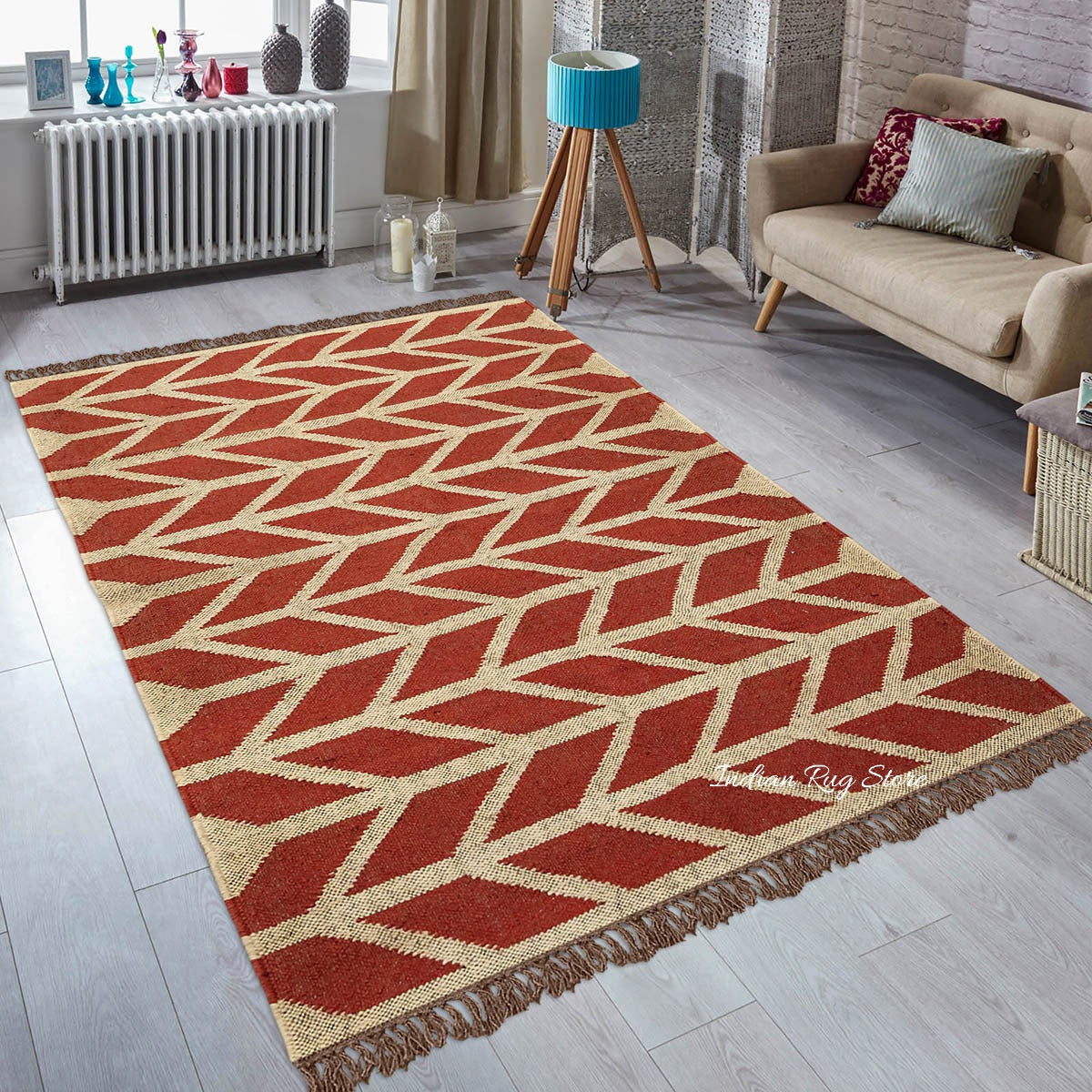 Hand Woven Geometric Red Bige Farm House Decor Wool Jute Rug - Indian Rug Store