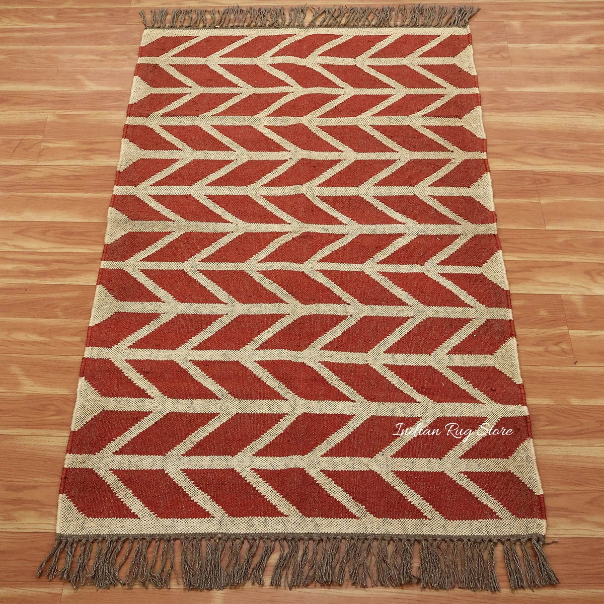 Hand Woven Geometric Red Bige Farm House Decor Wool Jute Rug - Indian Rug Store