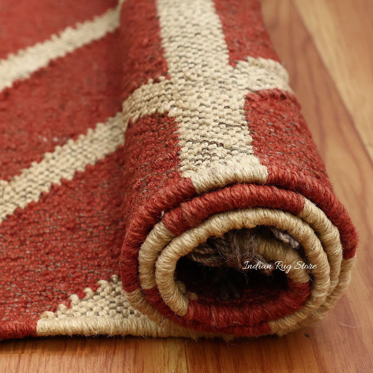 Hand Woven Geometric Red Bige Farm House Decor Wool Jute Rug - Indian Rug Store