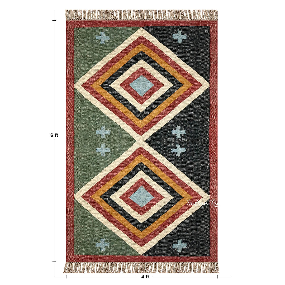 Hand Woven Green Black Geometric Home Decor Wool Jute Rug - Indian Rug Store Hand Woven Green Black Geometric Home Decor Wool Jute Rug - Indian Rug Store