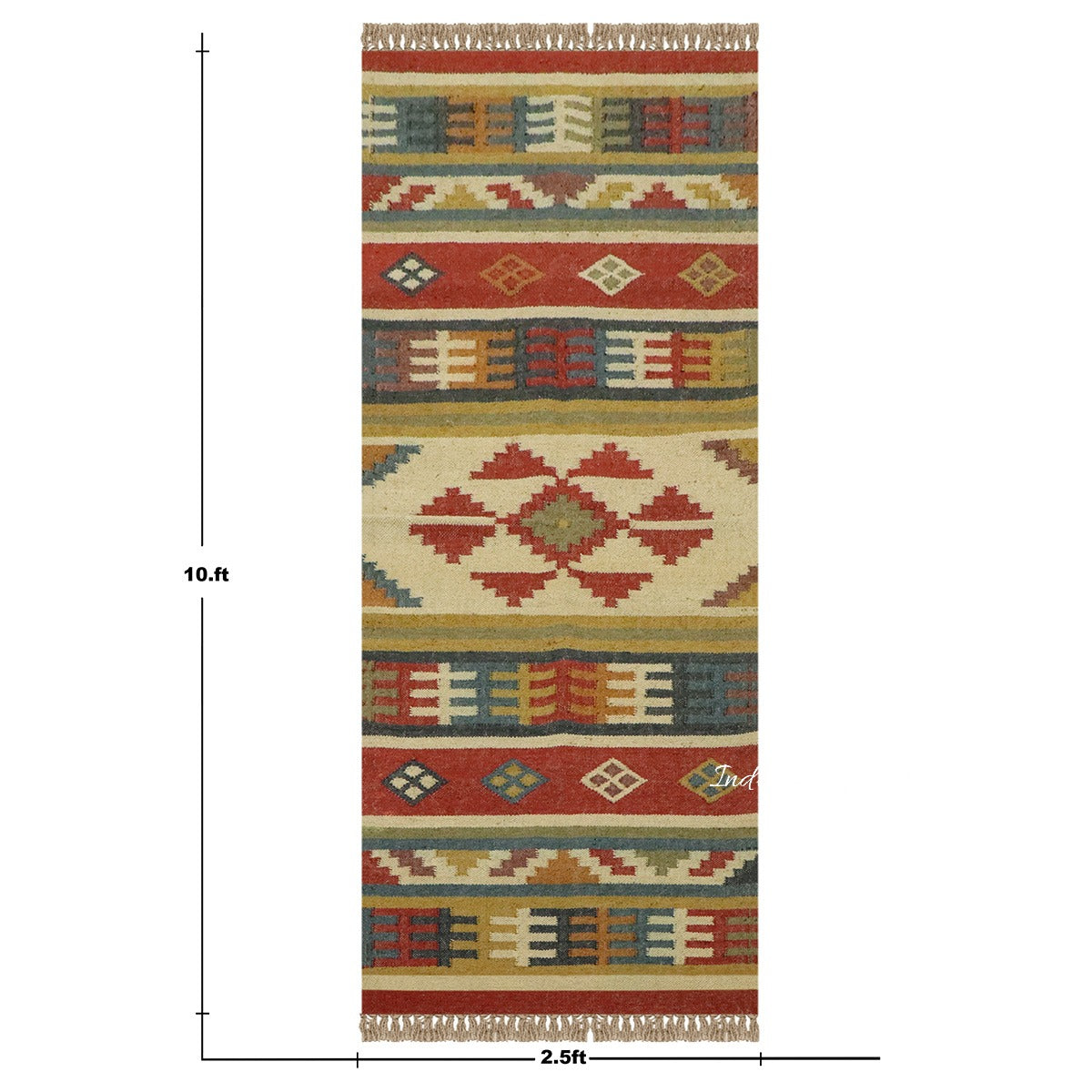 Geometric Indian Hand Woven Red Multicolor Farm House Decor Wool Jute Rug - Indian Rug Store Geometric Indian Hand Woven Red Multicolor Farm House Decor Wool Jute Rug - Indian Rug Store