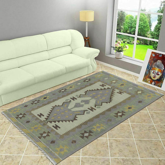 Tappeto Kilim da esterno in lana intrecciata a mano verde oliva WK-505 Tappeto Kilim da esterno in lana intrecciata a mano verde oliva WK-505