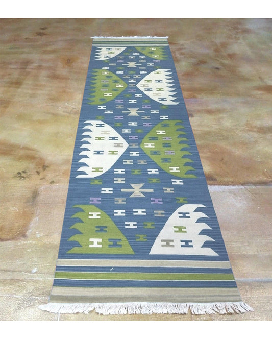 Tappeto Kilim indiano in lana blu tessuto a mano, grande, WK-512 Tappeto Kilim indiano in lana blu tessuto a mano, grande, WK-512