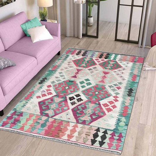 Tappeto Kilim indiano in lana rossa tessuto a mano, grande, WK-527 Tappeto Kilim indiano in lana rossa tessuto a mano, grande, WK-527