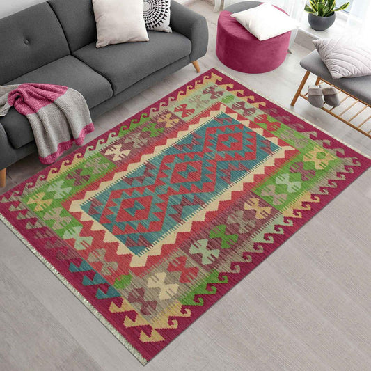 Tappeto Kilim in lana annodato a mano rosso per esterni e patio WK-628 Tappeto Kilim in lana annodato a mano rosso per esterni e patio WK-628