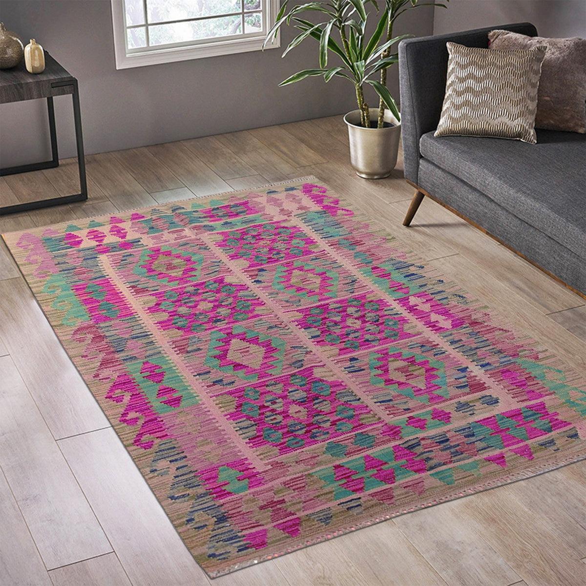 Alfombra Kilim para exteriores de lana rosa tejida a mano WK-568