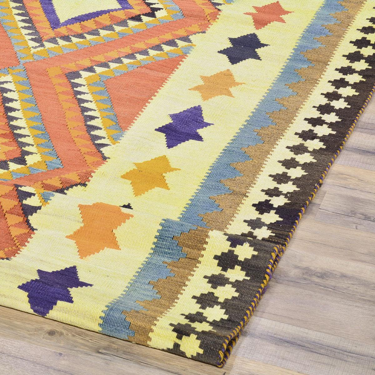 Hand Woven Wool Kilim Area Rug Yellow For Living Room WK-573 - Indian Rug Store Hand Woven Wool Kilim Area Rug Yellow For Living Room WK-573 - Indian Rug Store