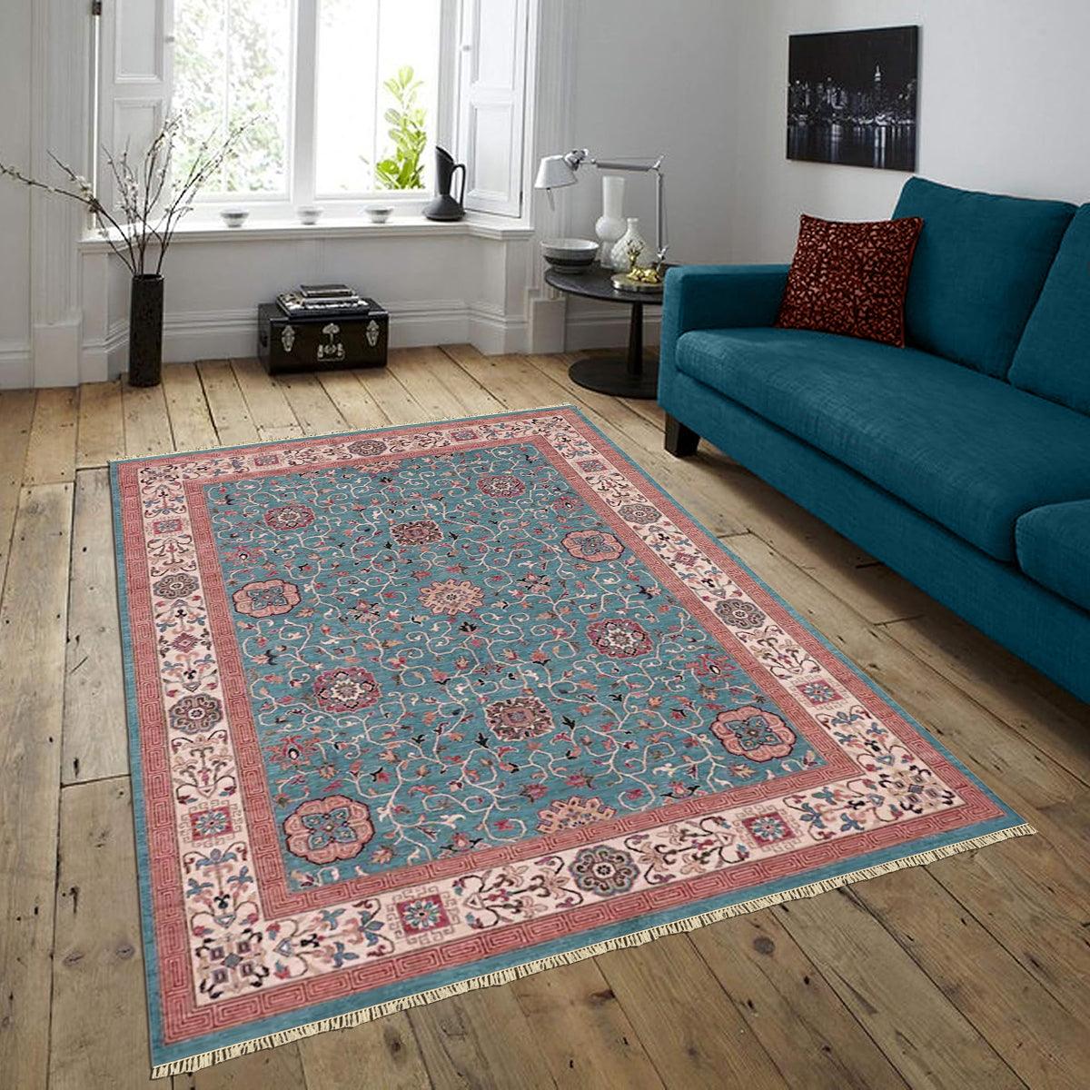 Blue Hand Knotted Wool Rug For Dining Room WK-643 - Indian Rug Store
