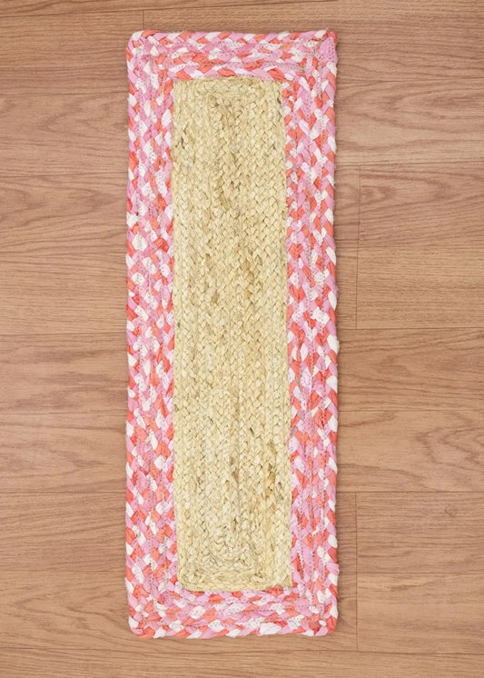 Pink Chindi Cotton Border Jute Stair Treads – Braided Modern Step Mats Pink Chindi Cotton Border Jute Stair Treads – Braided Modern Step Mats