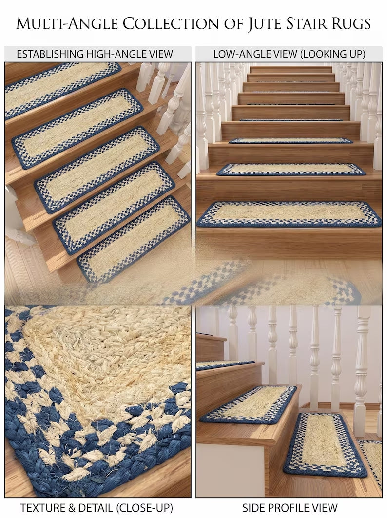 Braided Jute Stair Treads Blue Border Natural Beige Rustic Step Mats Braided Jute Stair Treads Blue Border Natural Beige Rustic Step Mats