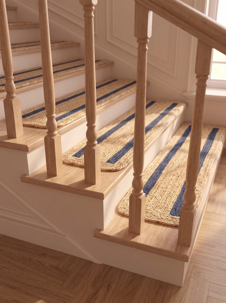 Handwoven Preppy New England Oxford Blue Striped Jute Stair Treads Set Handwoven Preppy New England Oxford Blue Striped Jute Stair Treads Set