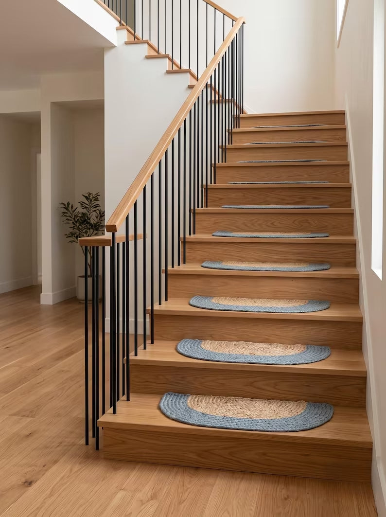 Handmade Jute Half Moon Stair Treads Set – D Shape Smoke Blue Border Handmade Jute Half Moon Stair Treads Set – D Shape Smoke Blue Border