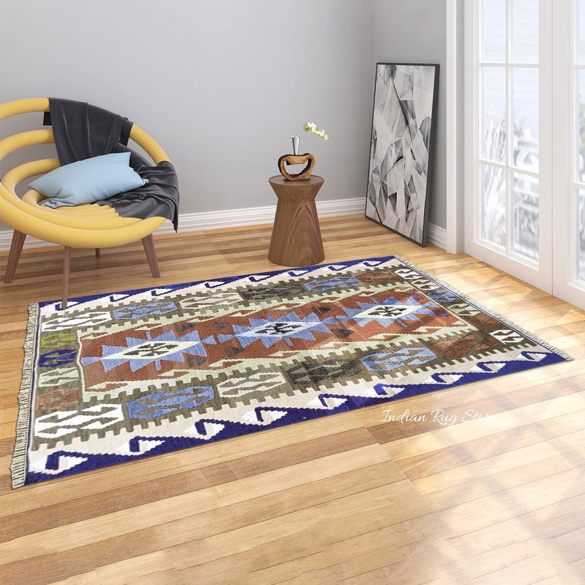 Multicolor Hand Woven Geometric Out House Wool Jute Rug - Indian Rug Store Multicolor Hand Woven Geometric Out House Wool Jute Rug - Indian Rug Store