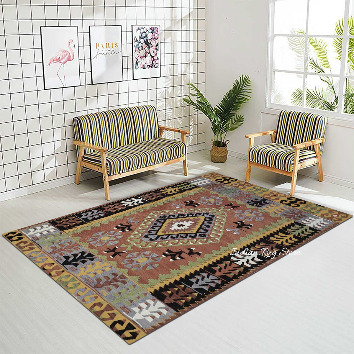 Dining Room Decor Hand Woven Brown Wool Rug - Indian Rug Store