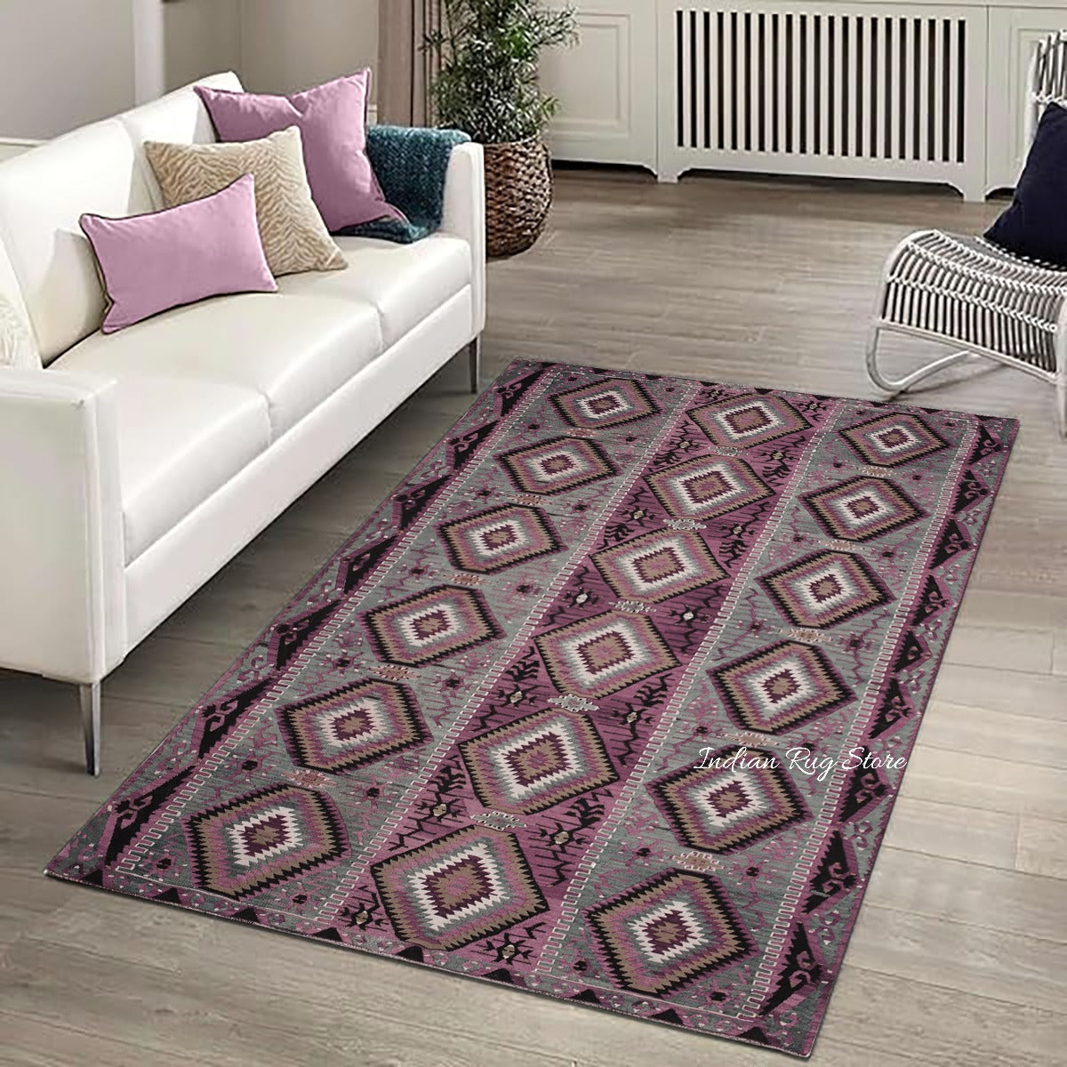 Pinkish Red Hand Woven Wool Jute Dining Room Decor Rug - Indian Rug Store