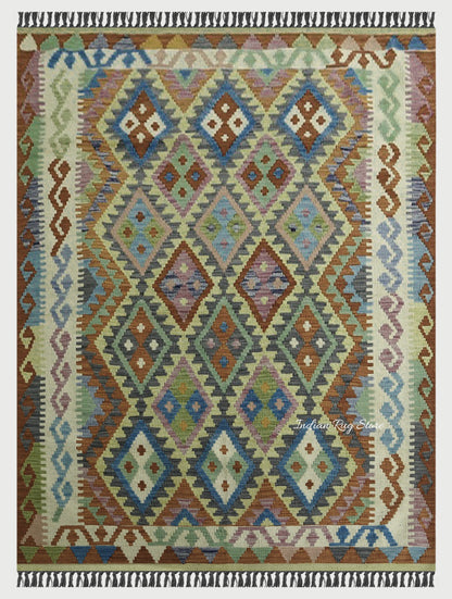 Green Hand Woven Wool Area Rug for Living Room Rug