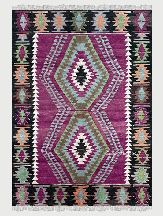 Hand Woven Wool Pink and Black Hall Area Rug