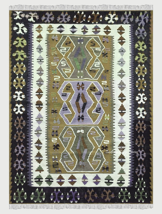 Natural Green and Black Hand Woven Wool Living Room Rug