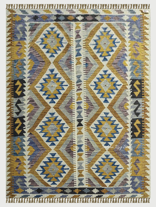 Natural Yellow Hand Woven Wool Kilims Bedroom Area Rug