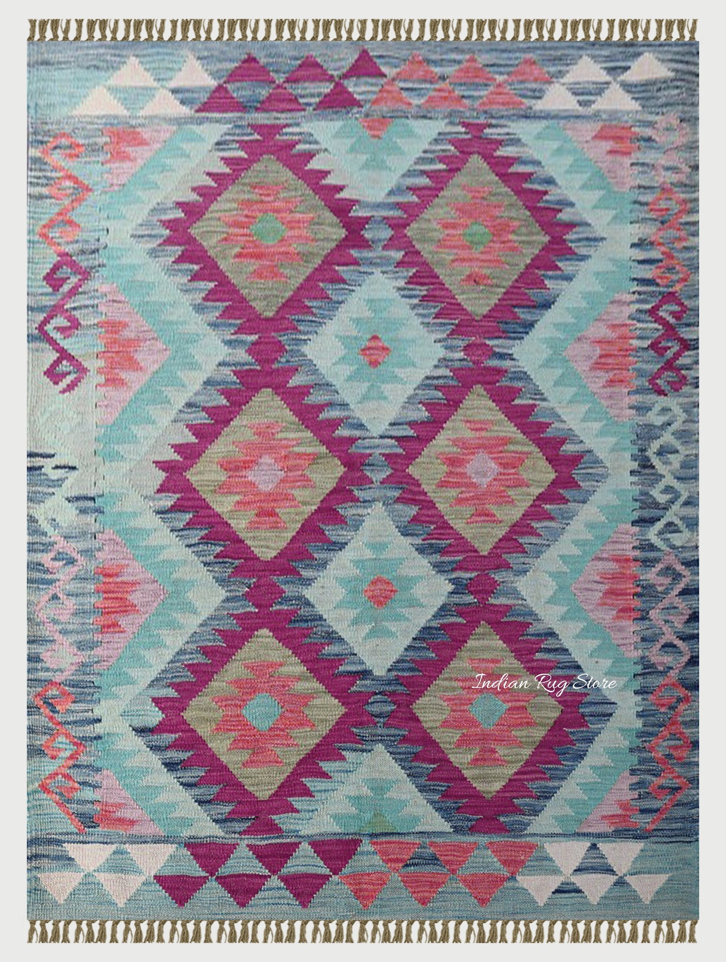 Pink and Blue Hand Woven Wool Bedroom Area Rug