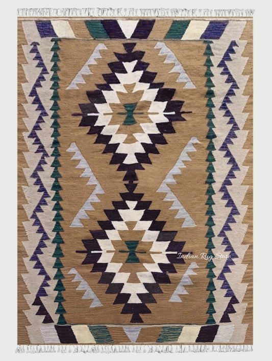 Hand Woven Natural Blue Bordered and brown Wool Area Rug