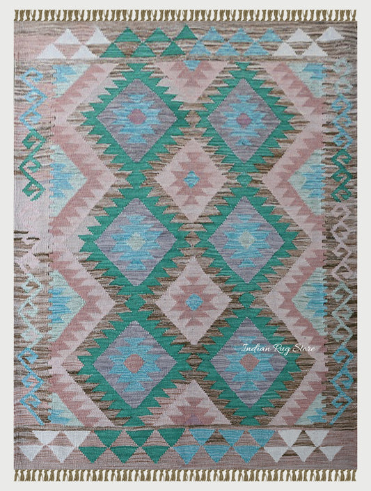 Hand Woven Green Wool Area Rug for Lining Room