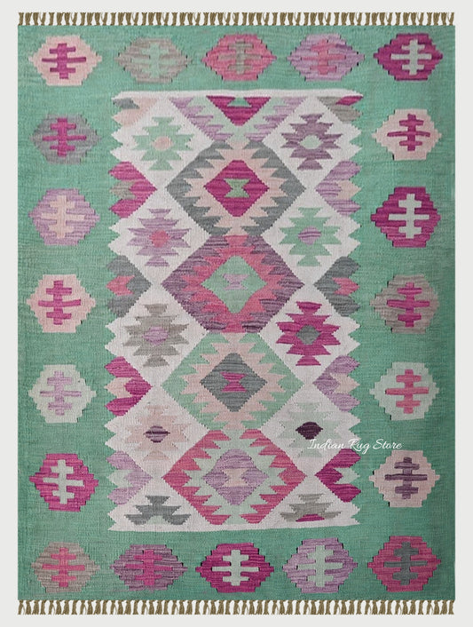 Pink and Green Hand Woven Wool Area Rug for Living Room Rug