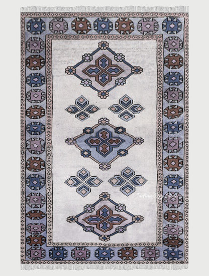 Natural Blue and Gray Bordered White Wool Area Rug